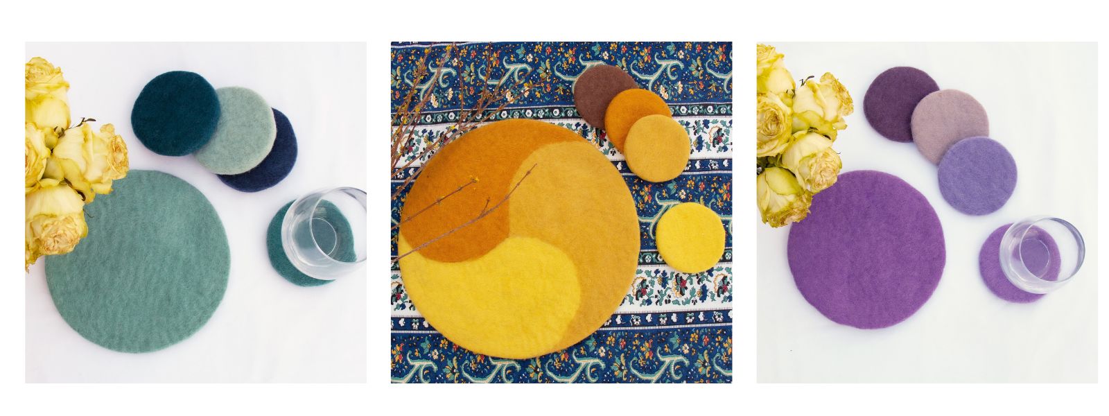Colorful felt trivets, coasters, placemats crafted from felt in Nepal.