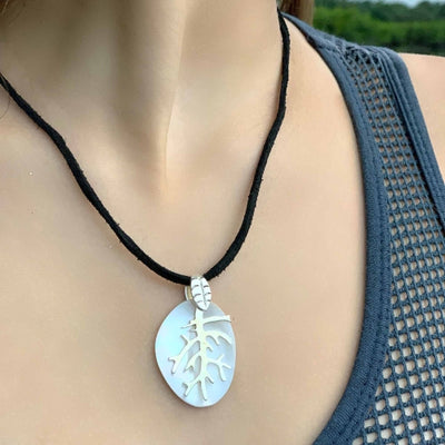 Alpaca Silver Branch Charm over Mother-of-Pearl  Pendant Necklace