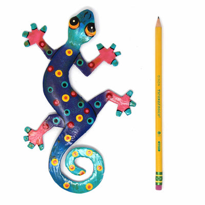 Eight inch Painted Gecko Recycled Haitian Metal Wall Art Blue-Greens Blue Candy