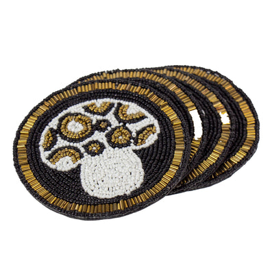 Black Mushroom Hand Embroidered Glass Bead Coasters, Set of 4