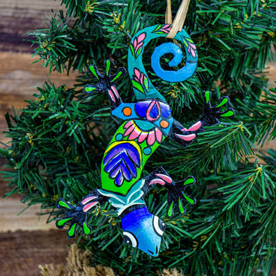 Colorful Gecko Haitian Metal Drum Christmas Ornament, Set of 2