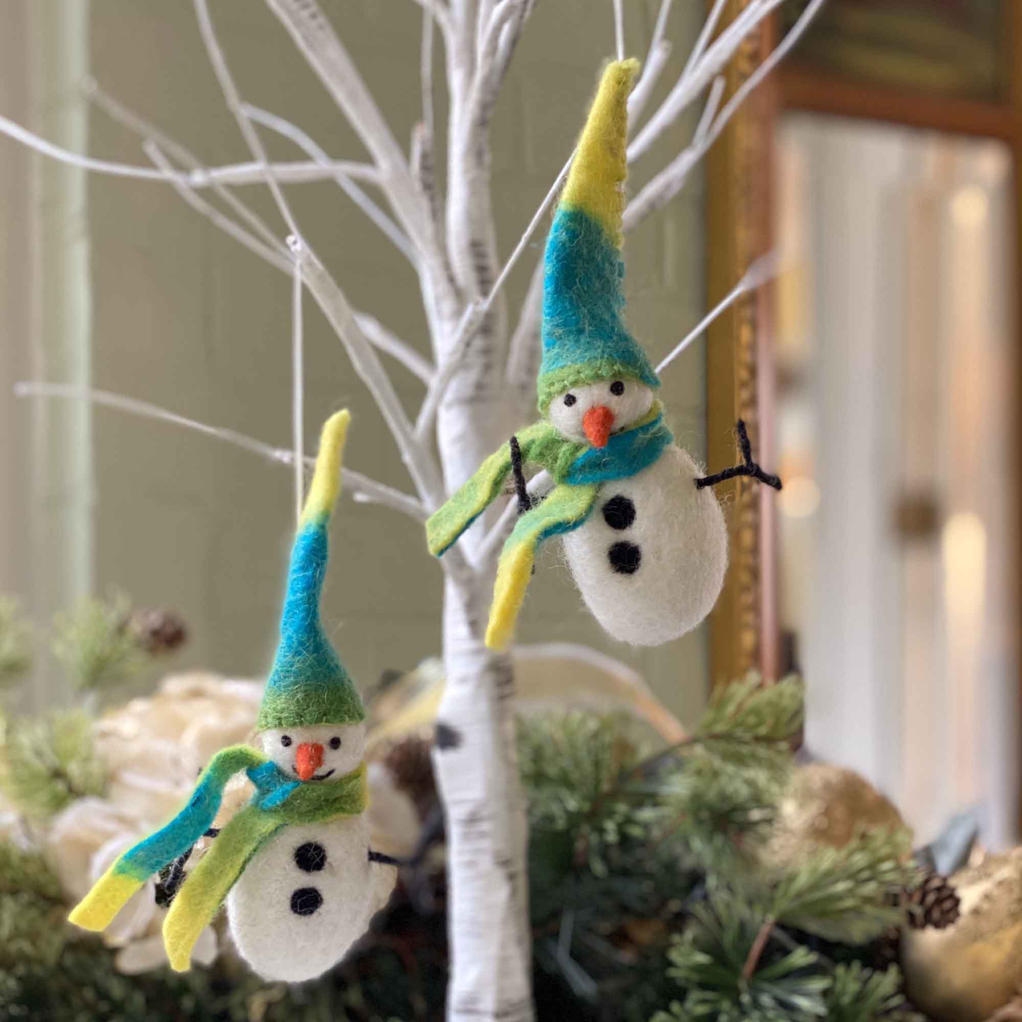 Icy Winter Snowman Felt Ornament, Set of 2