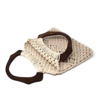 Macrame Bag with Arched Wooden Handle, Unlined Interior