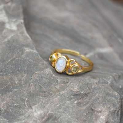 Handmade Peridot and Moonstone Three Stone 18K Gold-Plated Ring