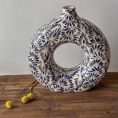 Encntada Mexican Handmade Pottery Ceramic Vase Blue Plumeado