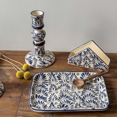 Encntada Mexican Handmade Pottery Small Serving Platter Blue Plumeado