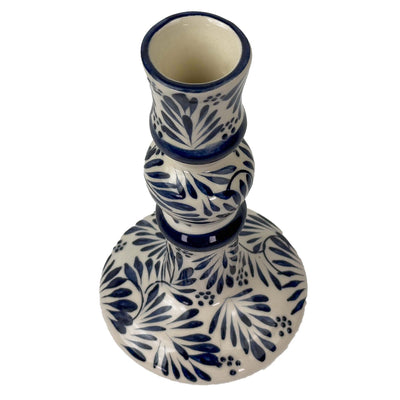 Encntada Mexican Handmade Pottery Candle Holder Blue Plumeado, Set of 2