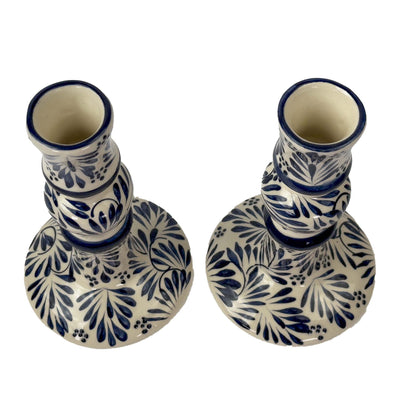 Encntada Mexican Handmade Pottery Candle Holder Blue Plumeado, Set of 2