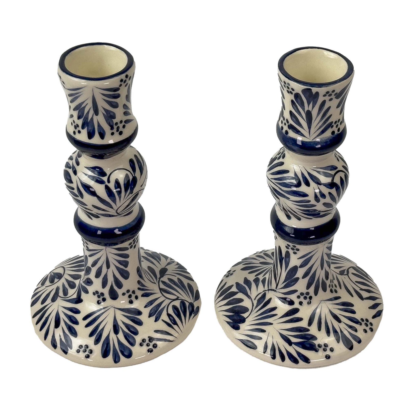 Encntada Mexican Handmade Pottery Candle Holder Blue Plumeado, Set of 2