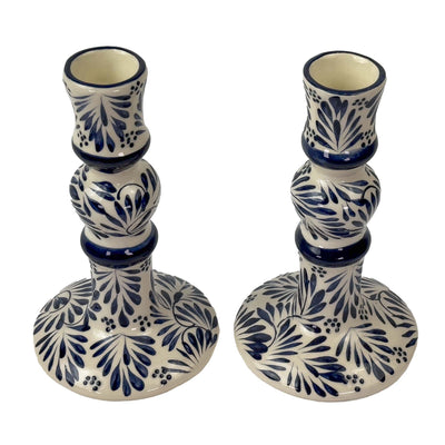 Encntada Mexican Handmade Pottery Candle Holder Blue Plumeado, Set of 2