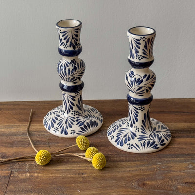 Encntada Mexican Handmade Pottery Candle Holder Blue Plumeado, Set of 2