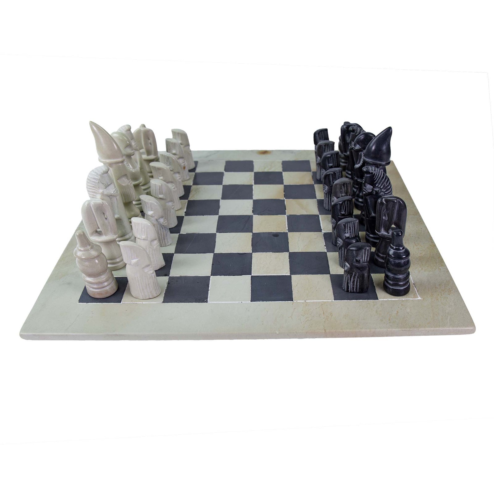 Soapstone Hand-Carved Chess Set - African Maasai Tribe Pieces - Grey/Natural Stone
