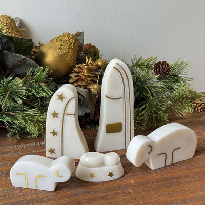 Handcrafted Marble Nativity with  Brass Inlay Accent  (5 pieces)