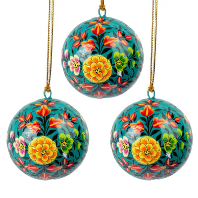 Handpainted Ornament Blue with Colorful Flowers, Set of 3