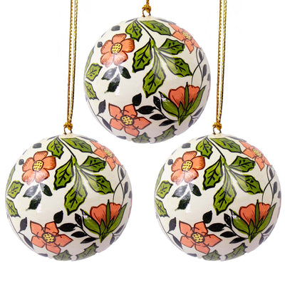 Handpainted Ornament Soft Pink Flowers Verdant Greenery, Set of 3