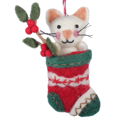 White Kitty in Stocking Felt Christmas Ornament