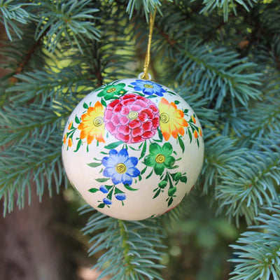 Handpainted Ornament Cream with Burst of Flowers, Set of 3