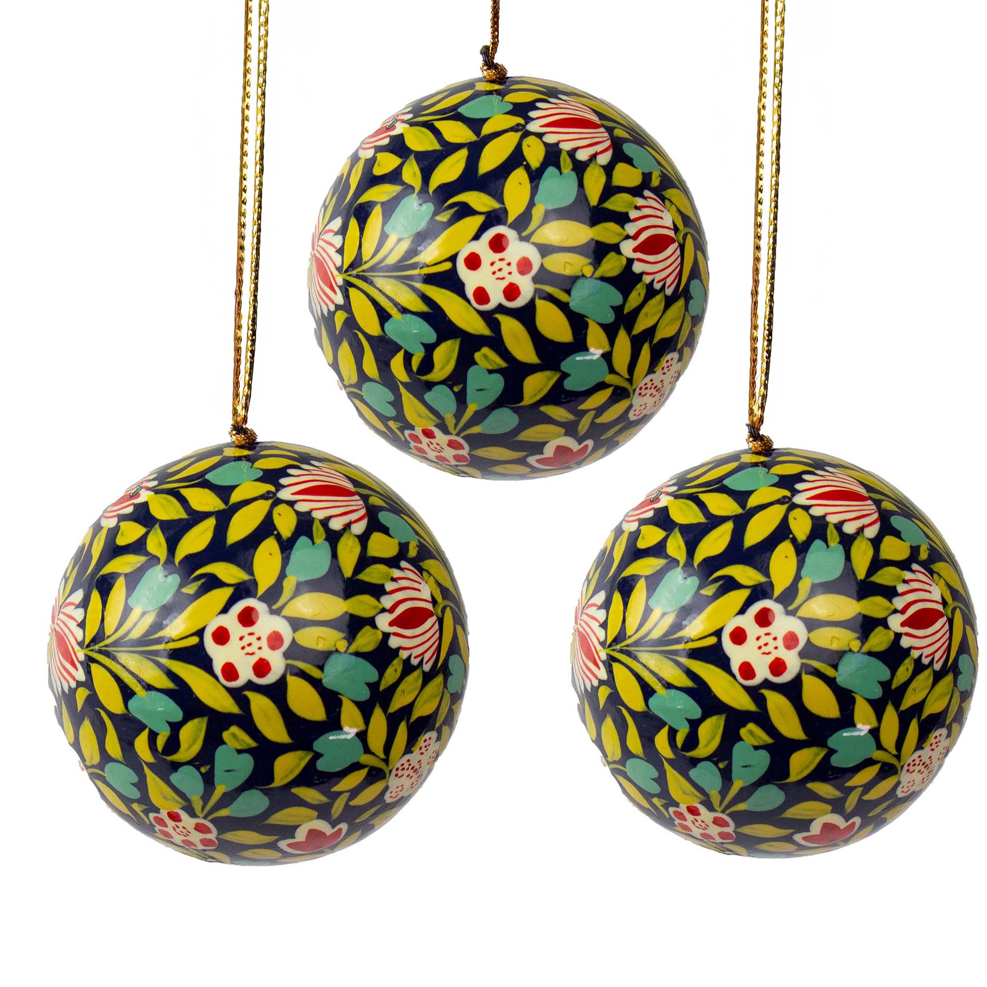 Handpainted Ornament Rich Green Background Burnt Red Flowers, Set of 3