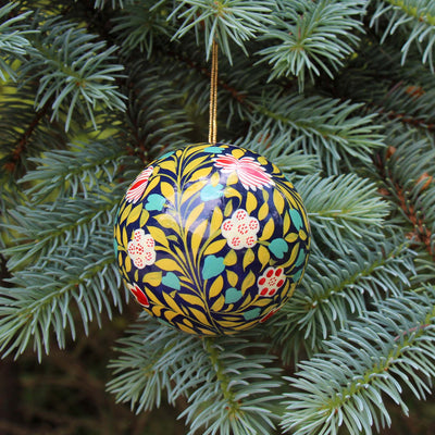 Handpainted Ornament Rich Green Background Burnt Red Flowers, Set of 3