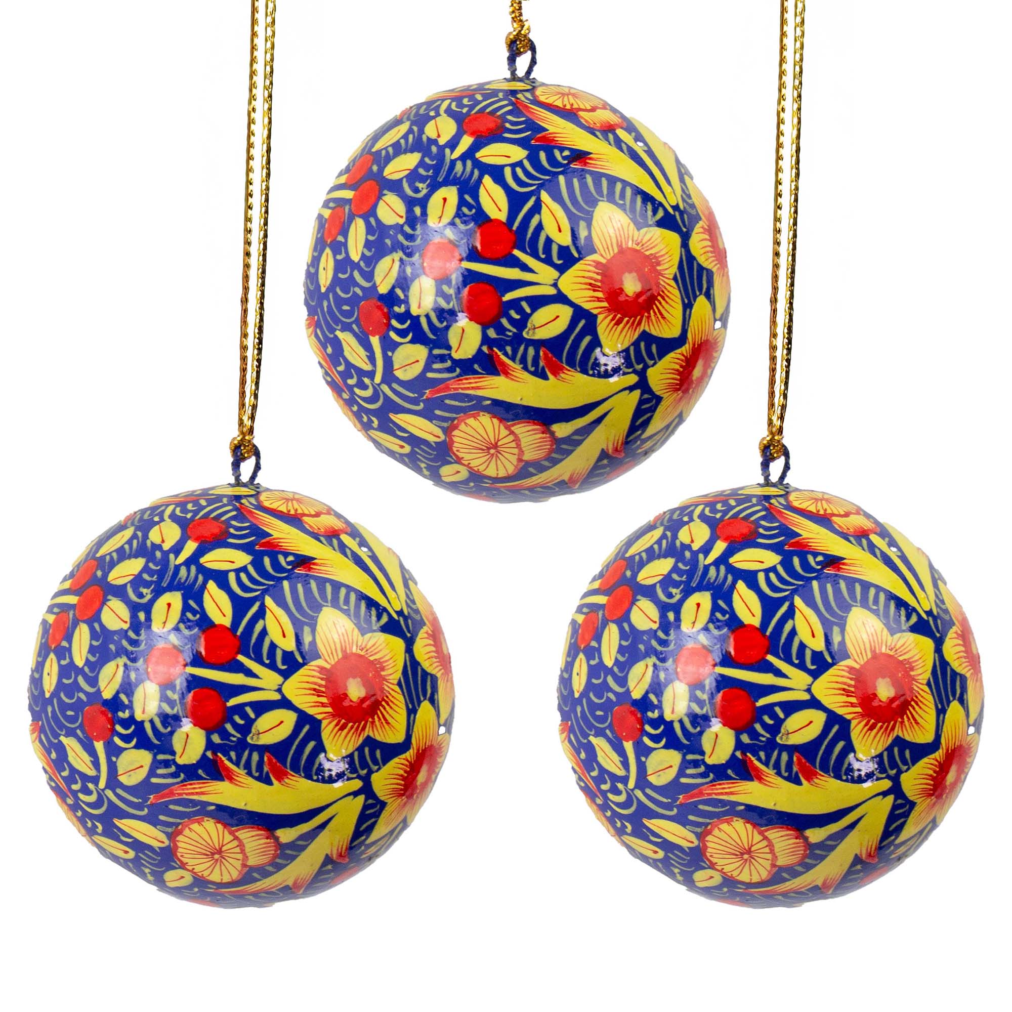 Handpainted Ornament Deep Blue with Red Poppy Flowers, Set of 3