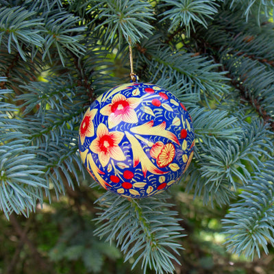 Handpainted Ornament Deep Blue with Red Poppy Flowers, Set of 3