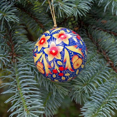 Handpainted Ornament Deep Blue with Red Poppy Flowers, Set of 3