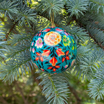 Handpainted Ornament Blue with Colorful Flowers, Set of 3