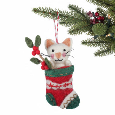 White Kitty in Stocking Felt Christmas Ornament