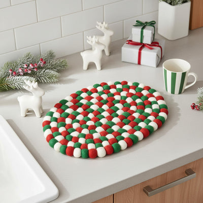Global Crafts Felt Casserole Trivet, Classic Christmas – Handmade Eco-Friendly Felt Décor, Fair Trade, Sustainably Made by Artisans