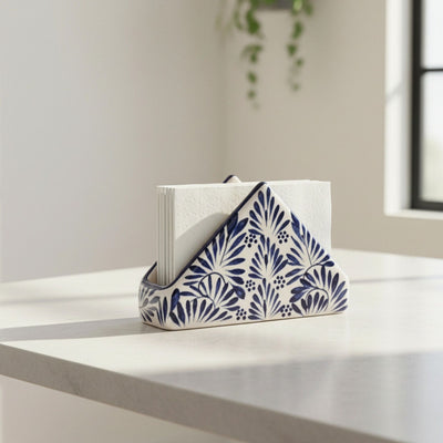 Encntada Mexican Handmade Pottery Napkin Holder Blue Plumeado