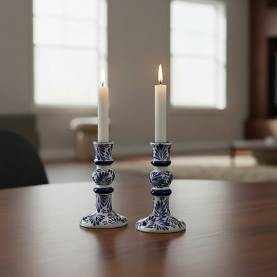 Encntada Mexican Handmade Pottery Candle Holder Blue Plumeado, Set of 2