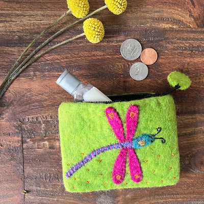 Handcrafted Dragonfly Felt Coin Zipper Pouch