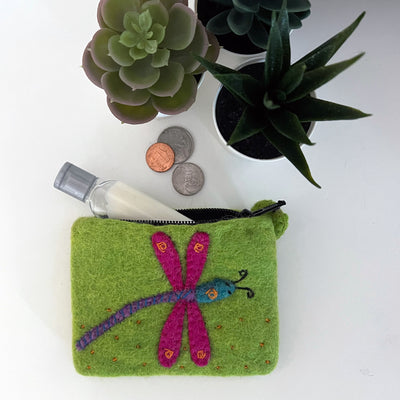 Handcrafted Dragonfly Felt Coin Zipper Pouch