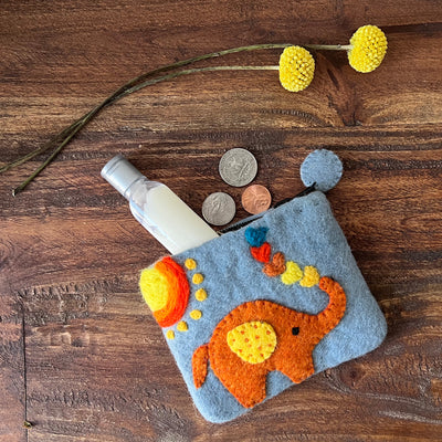Handcrafted Elephant Felt Coin Zipper Pouch