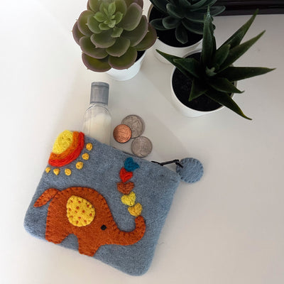 Handcrafted Elephant Felt Coin Zipper Pouch