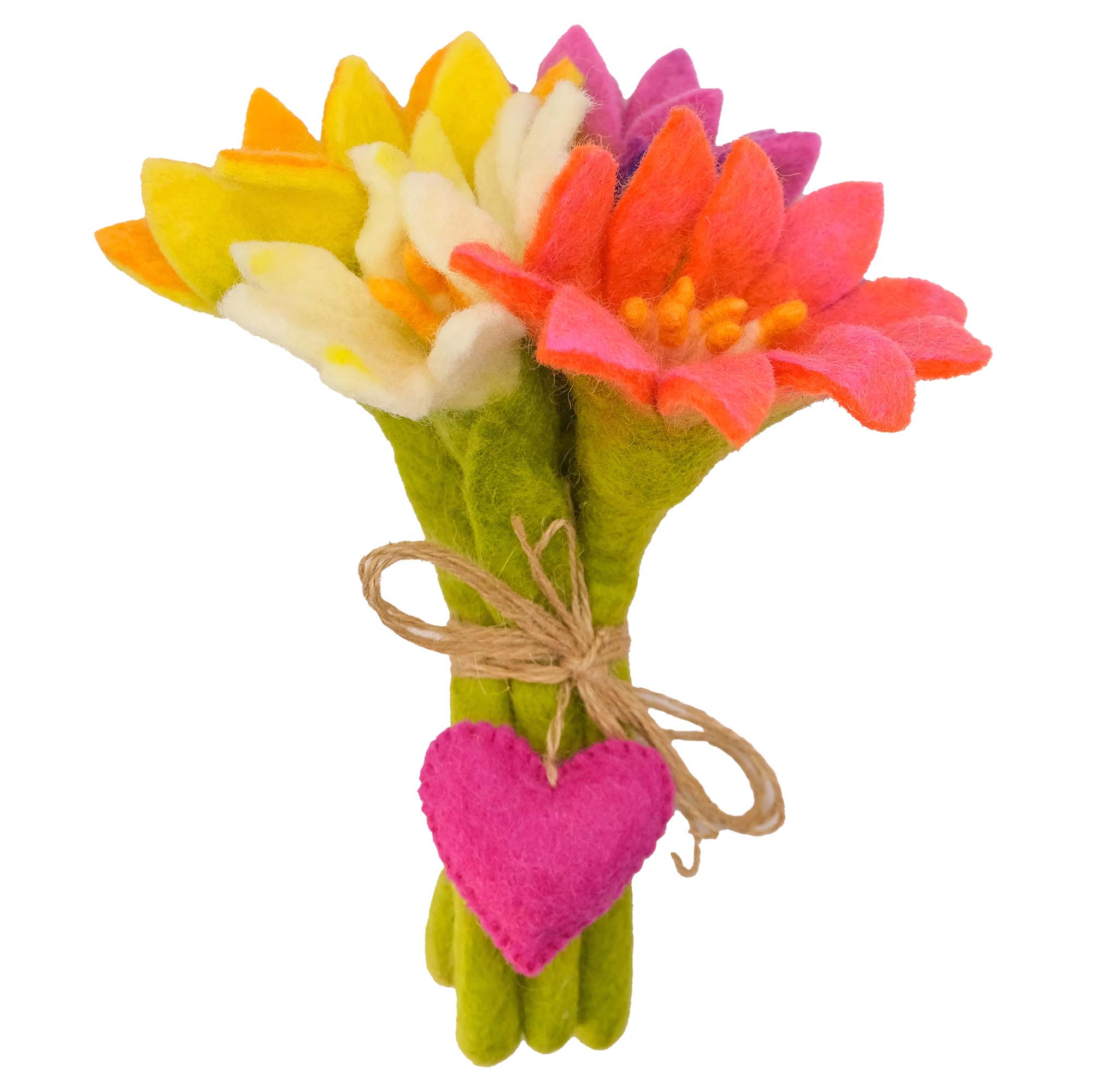 Handmade Felt Bloom Bouquet – Colorful Wool Flowers with Heart Charm