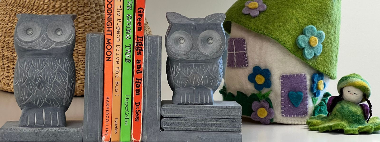 Book shelf with owl bookends and felt flower fairy with fairy house