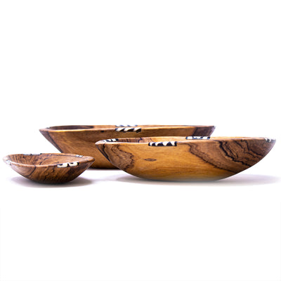 Nested Oval Olive Wood Serving Bowls with Bone Inlay Accent