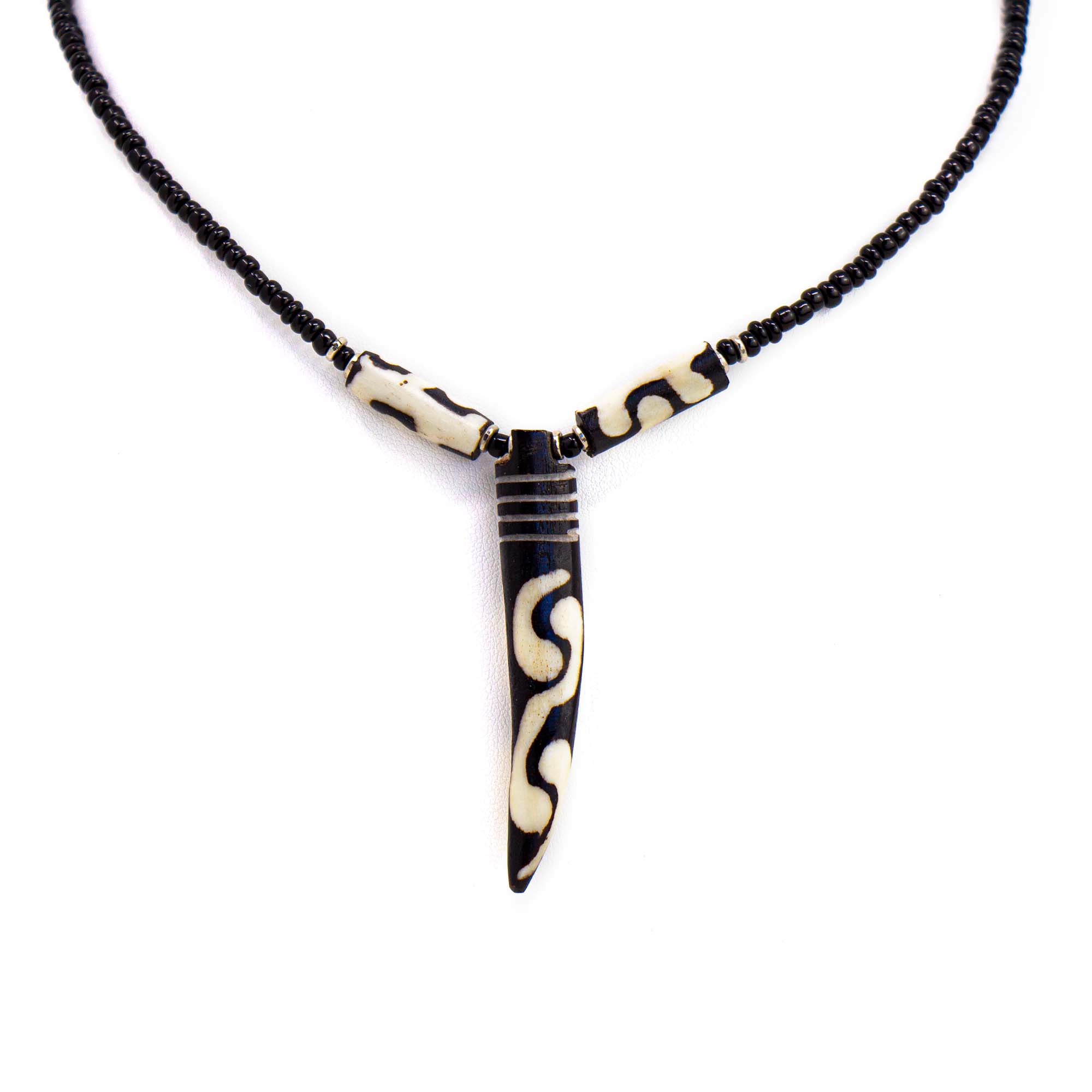 Bone Tooth Necklace on Leather Chain with Brass Closure- Batik Design