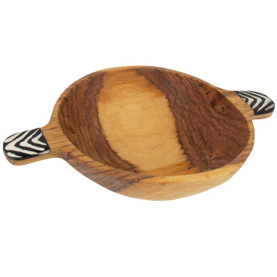 Rustic Olive Wood Bowl with Batik Bone Inlay Handles, 6-inch