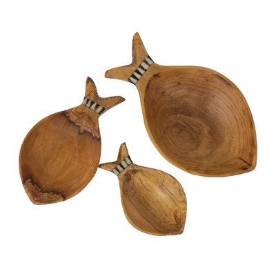 Fish Design Nested Olive Wood Serving Bowls, Set of 3