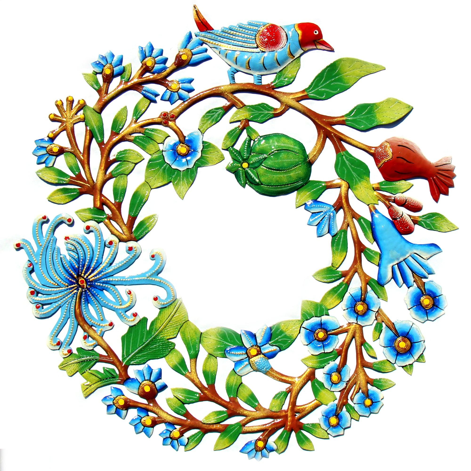 Door Wreath with Bird Painted Haitian Metal Drum Wall Art, 22"