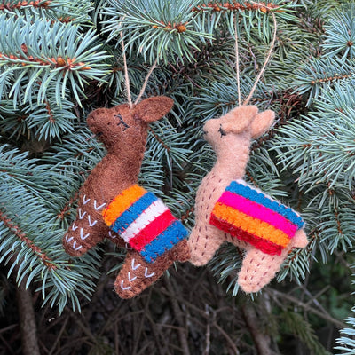 Tan and Brown Llama Duo Handmade Felt Ornaments, Set of 2