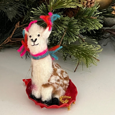 Handmade Sledding Llama Felt Ornament