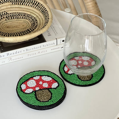 Bright Mushroom Hand Embroidered Glass Bead Coasters, Set of 4