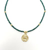 Dark Green Glass Bead Choker with Brass Coin Pendant