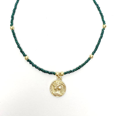 Dark Green Glass Bead Choker with Brass Coin Pendant