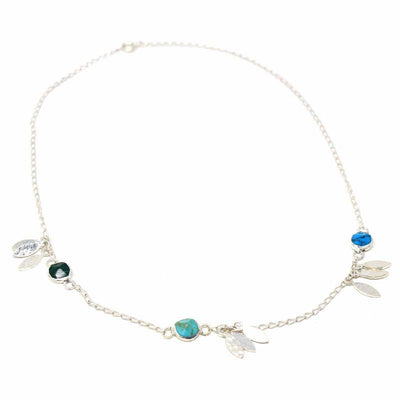 Mexican Taxco Alpaca Silver Feathers & Turquoise Charm Necklace