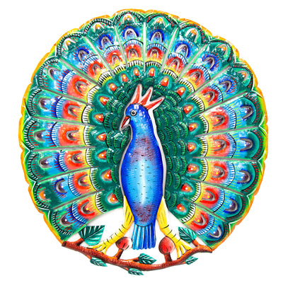 Vibrant Blue Peacock Haitian Metal Drum Wall Art