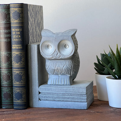 Handmade Mama & Baby Owl Book Ends, Carved Palewa Stone